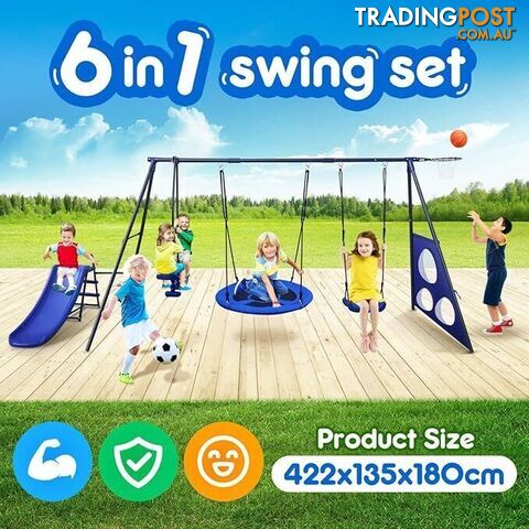 6 in 1 Swing Set with Seesaw, Basketball Hoop, Heavy-Duty Metal Children Playset