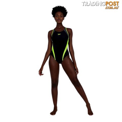 Speedo Womens Splice Muscleback Swimsuit - Black/Flu Yellow/Grey - SPEEDO