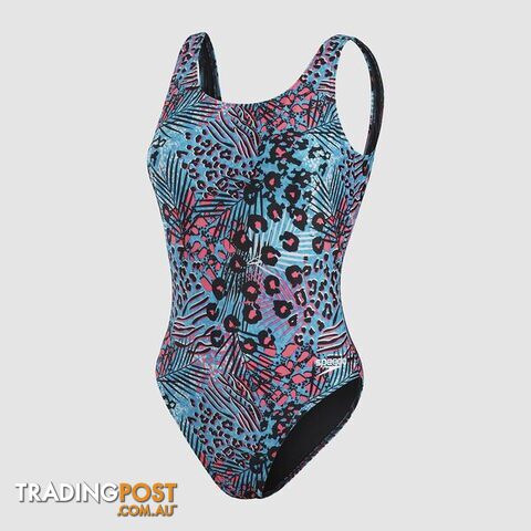 Speedo Womens Allover Deep U-Back One Piece - Black/Hypersonic/Pool/Pink -...