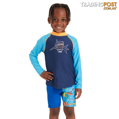 Zoggs Toddler Boys Paper Shark LS Zip Sun Top - Navy/Turquoise - ZOGGS