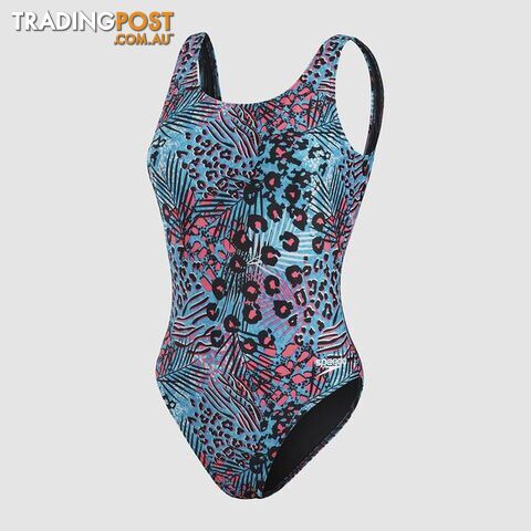 Speedo Womens Allover Deep U-Back One Piece - Black/Hypersonic/Pool/Pink -...