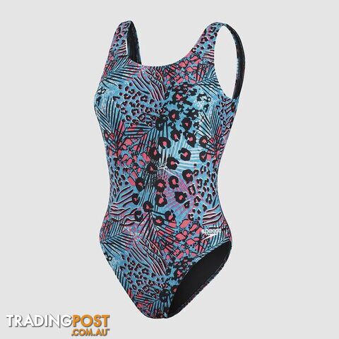 Speedo Womens Allover Deep U-Back One Piece - Black/Hypersonic/Pool/Pink -...