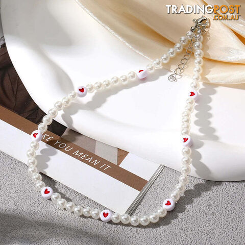 Afterpay Zippay IPA522-18185Y2K Artificial Pearls Beads Necklace for Women Girls Red Heart Pendant Cute Love Vintage Choker Necklaces Fashion Jewelry