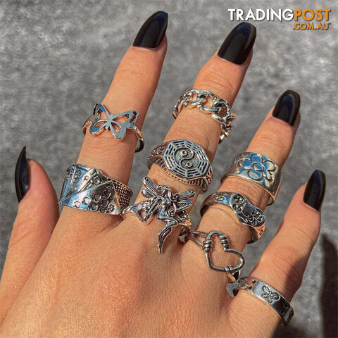 Afterpay Zippay OV54740Punk Gothic Heart Ring Set for Women Black Dice Vintage Spades Ace Silver Color Plated Retro Rhinestone Charm Finger Jewelry