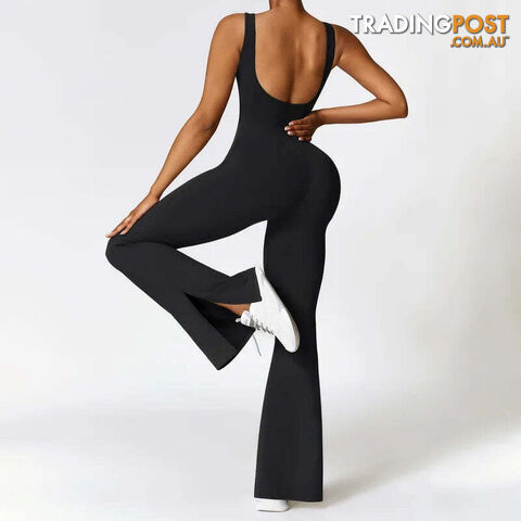  1-Black / LWoman Gym Outfits Fashion Seamless Sporty Jumpsuit With Flare Pants One Piece Yoga Dance Jumpsuit Female Fitness Sport Overalls