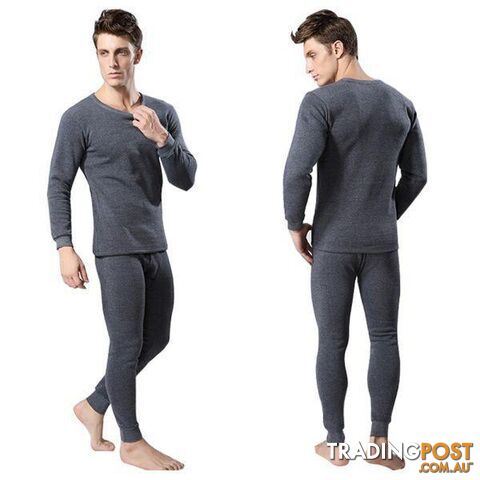  Dark Grey / XXLMen 2Pcs Cotton Thermal Underwear Set Winter Warm Thicken Long Johns Tops Bottom 3 Colors
