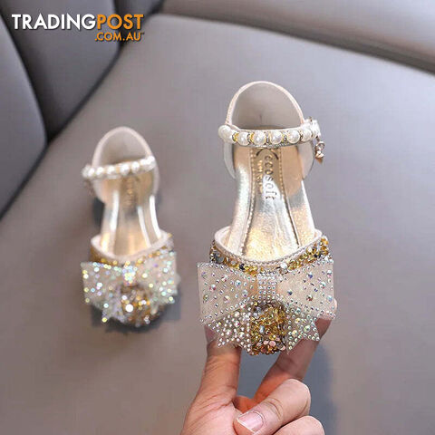 Afterpay Zippay SHF005 Gold / CN 23 insole 14.3cmSummer Girls Sandals Fashion Sequins Rhinestone Bow Girls Princess Shoes Baby Girl Shoes Flat Heel Sandals
