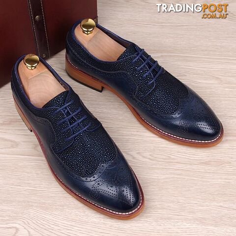  Blue / 7.5England fashion men genuine leather brogue shoes pointed toe carved bullock flats shoe casual vintage breathable comfortable man