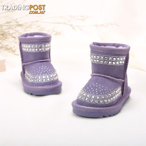  Purple / 8Winter Fashion Children Snow Boots rhinestone Kids Leather Boots Warm Shoes With Fur Princess Baby Girls Ankle Boots