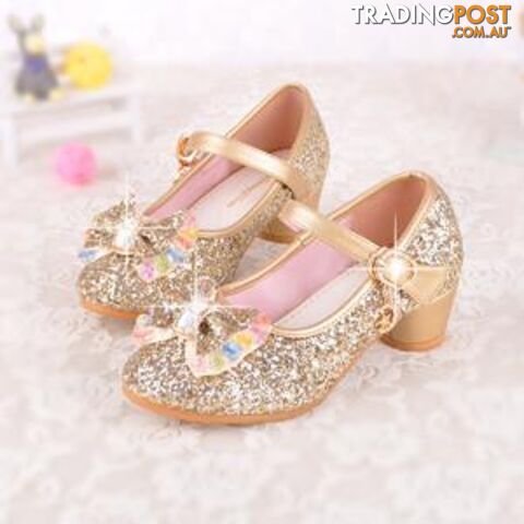  gold / 9.5Spring Kids Girls High Heels For Party Sequined Cloth Blue Pink Shoes Ankle Strap Snow Queen Children Girls Pumps Shoes