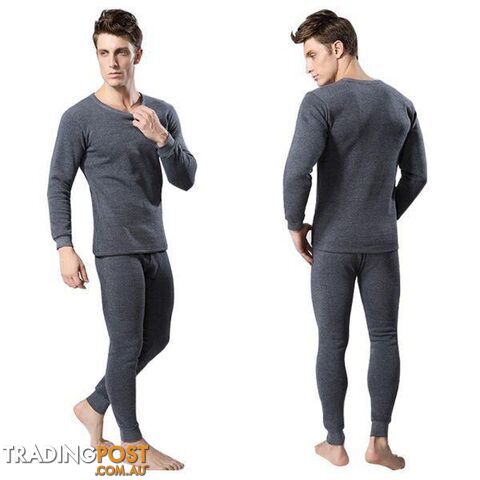  Dark Grey / LMen 2Pcs Cotton Thermal Underwear Set Winter Warm Thicken Long Johns Tops Bottom 3 Colors