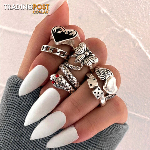 Afterpay Zippay OV54167Punk Gothic Heart Ring Set for Women Black Dice Vintage Spades Ace Silver Color Plated Retro Rhinestone Charm Finger Jewelry