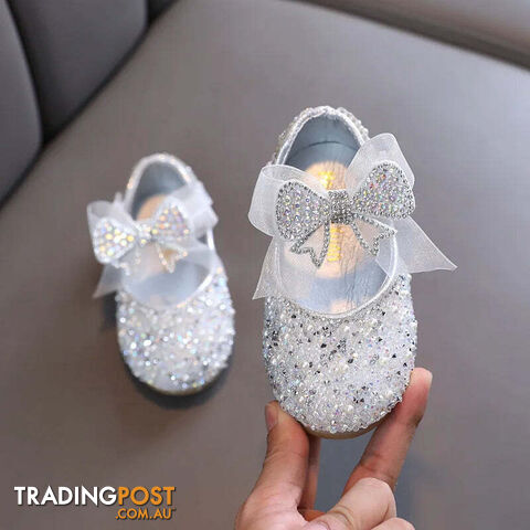 Afterpay Zippay Silver / 23(Insole 14.7CM)Children's Sequined Leather Shoes Girls Princess Rhinestone Bowknot Single Shoes Kids Wedding Shoes
