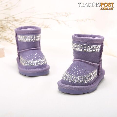  Purple / 10.5Winter Fashion Children Snow Boots rhinestone Kids Leather Boots Warm Shoes With Fur Princess Baby Girls Ankle Boots
