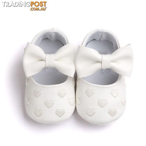  White / 1PU Leather born Baby Girls Princess Heart-Shaped Mary Jane Big Bow Prewalkers Soft Bottom Shoes Crib Babe Ballet Dress Shoes