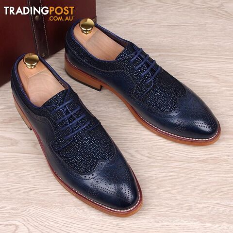  Blue / 6.5England fashion men genuine leather brogue shoes pointed toe carved bullock flats shoe casual vintage breathable comfortable man