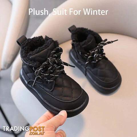 Afterpay Zippay Plush Black / 21Martin Boots For Girls Plaid PU Leather Snow Boots Thick Warm Plush Casual Shoes For Kids