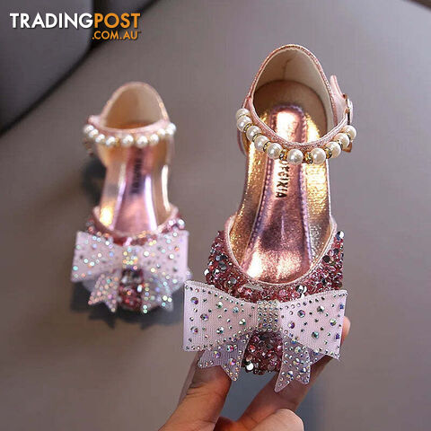 Afterpay Zippay SHF005 Pink / CN 29 insole 18cmSummer Girls Sandals Fashion Sequins Rhinestone Bow Girls Princess Shoes Baby Girl Shoes Flat Heel Sandals