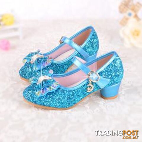 blue / 13.5Spring Kids Girls High Heels For Party Sequined Cloth Blue Pink Shoes Ankle Strap Snow Queen Children Girls Pumps Shoes