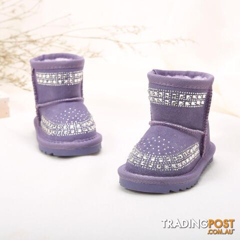  Purple / 10Winter Fashion Children Snow Boots rhinestone Kids Leather Boots Warm Shoes With Fur Princess Baby Girls Ankle Boots