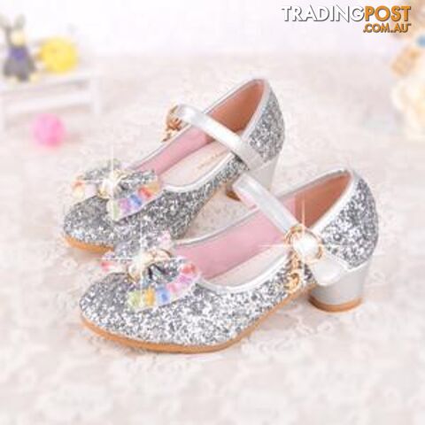  Silver / 11.5Spring Kids Girls High Heels For Party Sequined Cloth Blue Pink Shoes Ankle Strap Snow Queen Children Girls Pumps Shoes