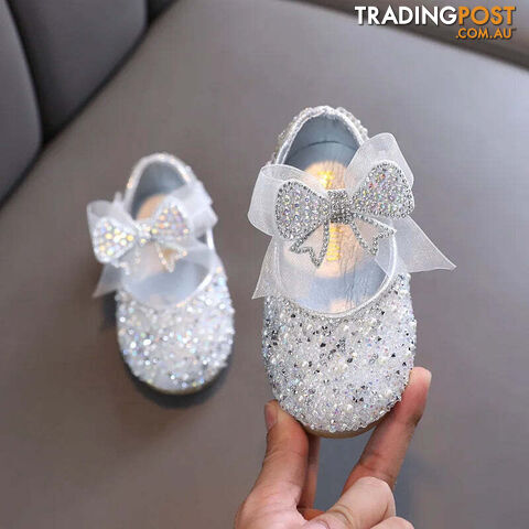 Afterpay Zippay Silver / 36(Insole 22.9CM)Children's Sequined Leather Shoes Girls Princess Rhinestone Bowknot Single Shoes Kids Wedding Shoes