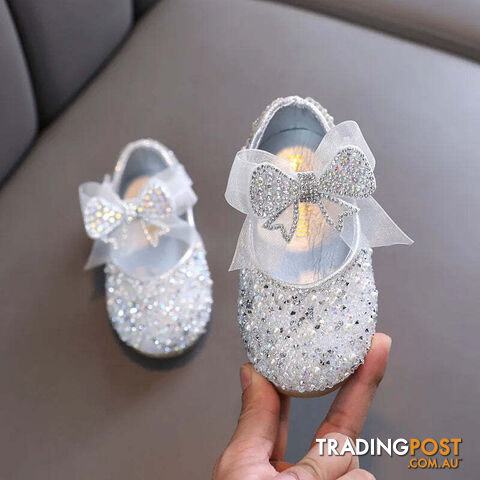 Afterpay Zippay Silver / 30(Insole 19.1CM)Children's Sequined Leather Shoes Girls Princess Rhinestone Bowknot Single Shoes Kids Wedding Shoes