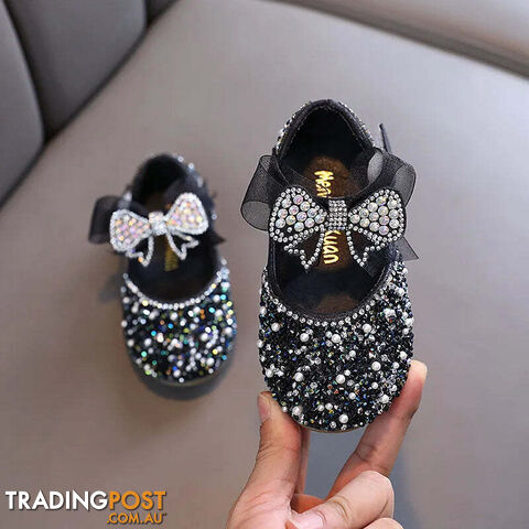 Afterpay Zippay BLACK / 25(Insole 15.7CM)Children's Sequined Leather Shoes Girls Princess Rhinestone Bowknot Single Shoes Kids Wedding Shoes
