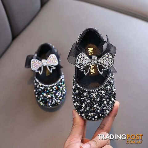 Afterpay Zippay BLACK / 32(Insole 20.2CM)Children's Sequined Leather Shoes Girls Princess Rhinestone Bowknot Single Shoes Kids Wedding Shoes