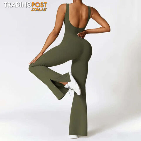 Afterpay Zippay 1-Army Green / MWoman Gym Outfits Fashion Seamless Sporty Jumpsuit With Flare Pants One Piece Yoga Dance Jumpsuit Female Fitness Sport Overalls