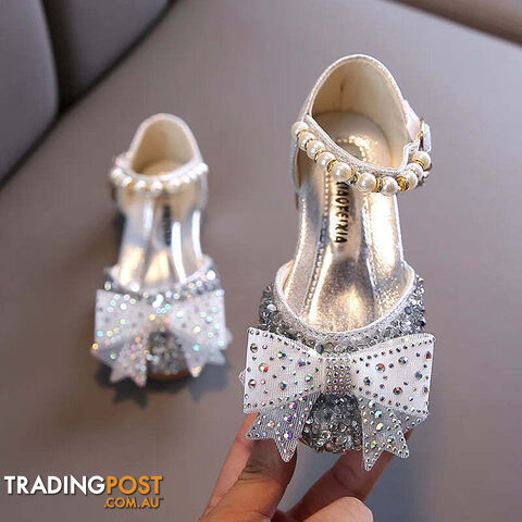 Afterpay Zippay SHF005 Silver / CN 34 insole 21cmSummer Girls Sandals Fashion Sequins Rhinestone Bow Girls Princess Shoes Baby Girl Shoes Flat Heel Sandals