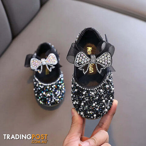 Afterpay Zippay BLACK / 23(Insole 14.7CM)Children's Sequined Leather Shoes Girls Princess Rhinestone Bowknot Single Shoes Kids Wedding Shoes