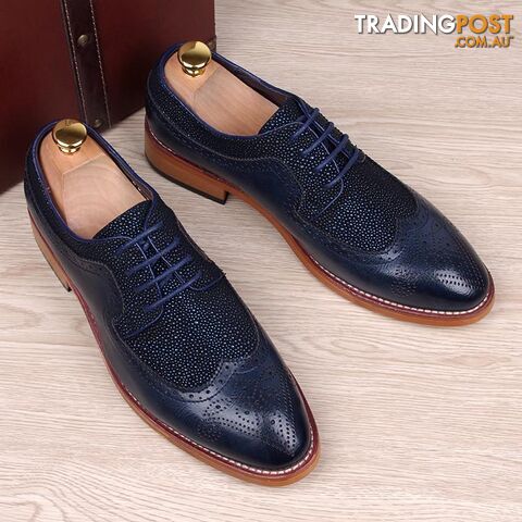  Blue / 9England fashion men genuine leather brogue shoes pointed toe carved bullock flats shoe casual vintage breathable comfortable man