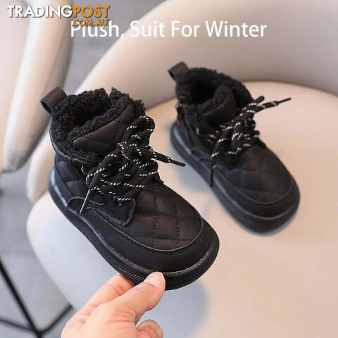 Afterpay Zippay Plush Black / 24Martin Boots For Girls Plaid PU Leather Snow Boots Thick Warm Plush Casual Shoes For Kids