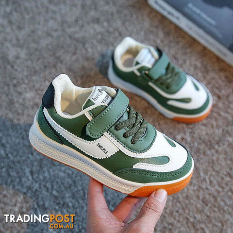  Green / 32Children's Leather Upper Sneakers Middle Large Children's Casual Shoes Boys Girls Soft Sole Students Tennis Shoes