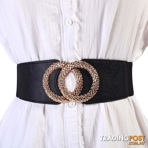  blackWide Belts Decorated Elastic Leather Waistband Gold Buckle Dress Sweater Waist Belt for Woman