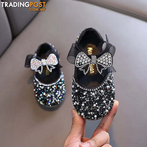 Afterpay Zippay BLACK / 30(Insole 19.1CM)Children's Sequined Leather Shoes Girls Princess Rhinestone Bowknot Single Shoes Kids Wedding Shoes