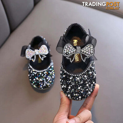Afterpay Zippay BLACK / 24(Insole 15.2CM)Children's Sequined Leather Shoes Girls Princess Rhinestone Bowknot Single Shoes Kids Wedding Shoes