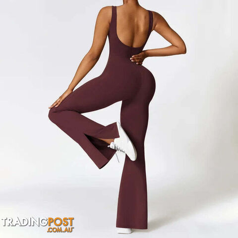 Afterpay Zippay 1-Wine Red / SWoman Gym Outfits Fashion Seamless Sporty Jumpsuit With Flare Pants One Piece Yoga Dance Jumpsuit Female Fitness Sport Overalls