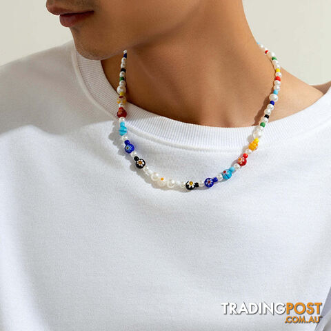 Afterpay Zippay ColorfulImitation Pearl and Colorful Beads Short Choker Necklace for Men Trendy Beaded Chains