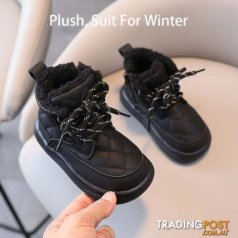 Afterpay Zippay Plush Black / 23Martin Boots For Girls Plaid PU Leather Snow Boots Thick Warm Plush Casual Shoes For Kids