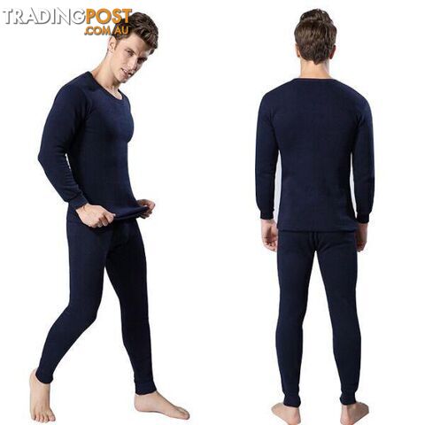  Navy Blue / XLMen 2Pcs Cotton Thermal Underwear Set Winter Warm Thicken Long Johns Tops Bottom 3 Colors
