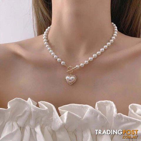 Afterpay Zippay 2Women Baroque Pearl Heart OT Buckle Pendant Necklace for Women Wedding Bridal Bead Chain Neck Jewelry