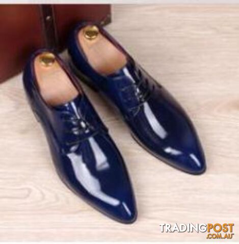  Blue / 10mens business wedding work dress bright genuine leather shoes point toe oxford shoe lace up Korean fashion