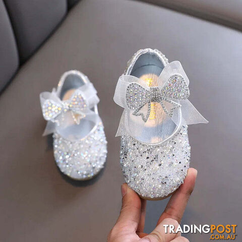 Afterpay Zippay Silver / 34(Insole 21.5CM)Children's Sequined Leather Shoes Girls Princess Rhinestone Bowknot Single Shoes Kids Wedding Shoes
