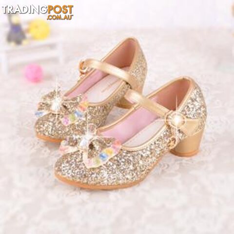  gold / 3.5Spring Kids Girls High Heels For Party Sequined Cloth Blue Pink Shoes Ankle Strap Snow Queen Children Girls Pumps Shoes