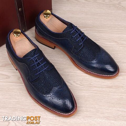  Blue / 8England fashion men genuine leather brogue shoes pointed toe carved bullock flats shoe casual vintage breathable comfortable man