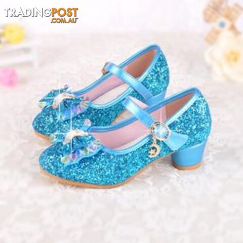  blue / 2Spring Kids Girls High Heels For Party Sequined Cloth Blue Pink Shoes Ankle Strap Snow Queen Children Girls Pumps Shoes