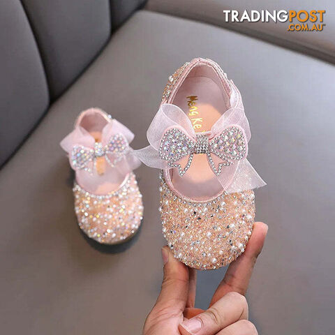 Afterpay Zippay Pink / 36(Insole 22.9CM)Children's Sequined Leather Shoes Girls Princess Rhinestone Bowknot Single Shoes Kids Wedding Shoes