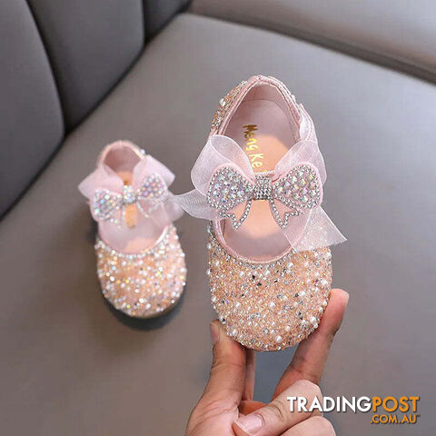 Afterpay Zippay Pink / 21(Insole 13.7CM)Children's Sequined Leather Shoes Girls Princess Rhinestone Bowknot Single Shoes Kids Wedding Shoes